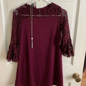 NWT Girls size 12 burgundy lace sleeve dress